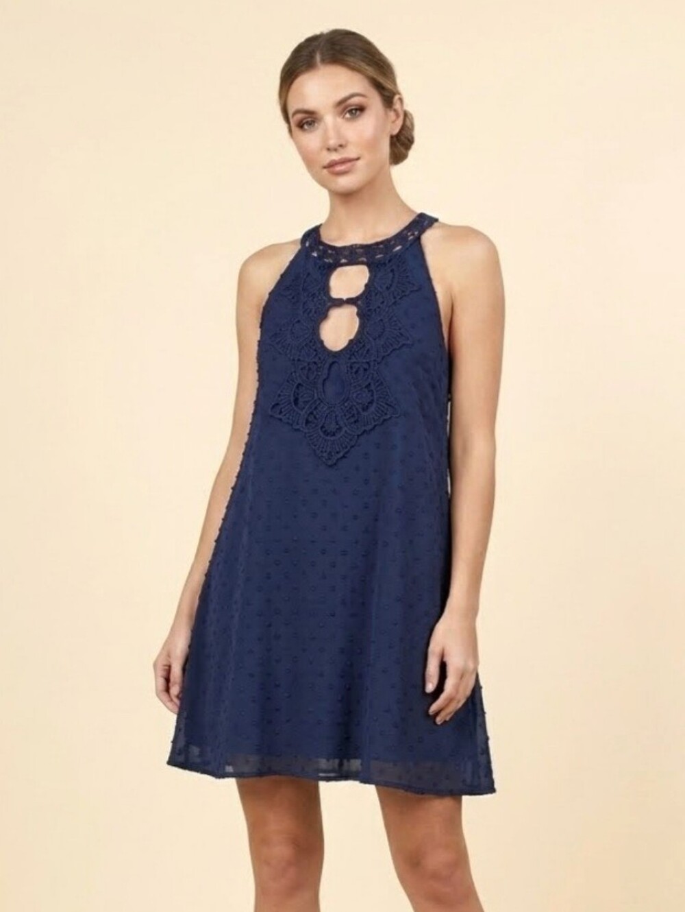 NWT Jun & Ivy Navy Blue Swiss Dot Chiffon Halter Mini Dress - Size Medium